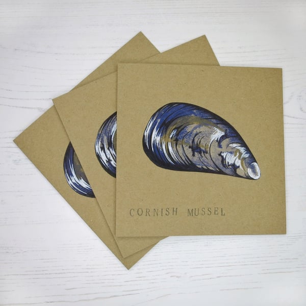 Set of 3 Cornish Mussel Cards - Risograph Print with Pen and Ink on Kraft Card