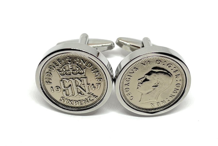 Luxury 1947 Sixpence Cufflinks for a 77th birthday. Original English sixpences