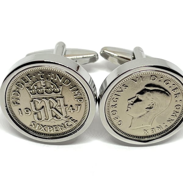 Luxury 1947 Sixpence Cufflinks for a 77th birthday. Original English sixpences