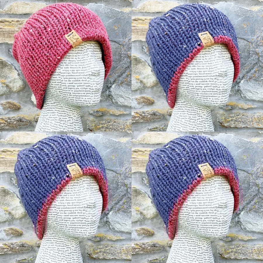 Reversible Hat. Knitted Hat. Woollen Hat. Woolly Hat. Cosy Hat. Beanie. Slouchy.