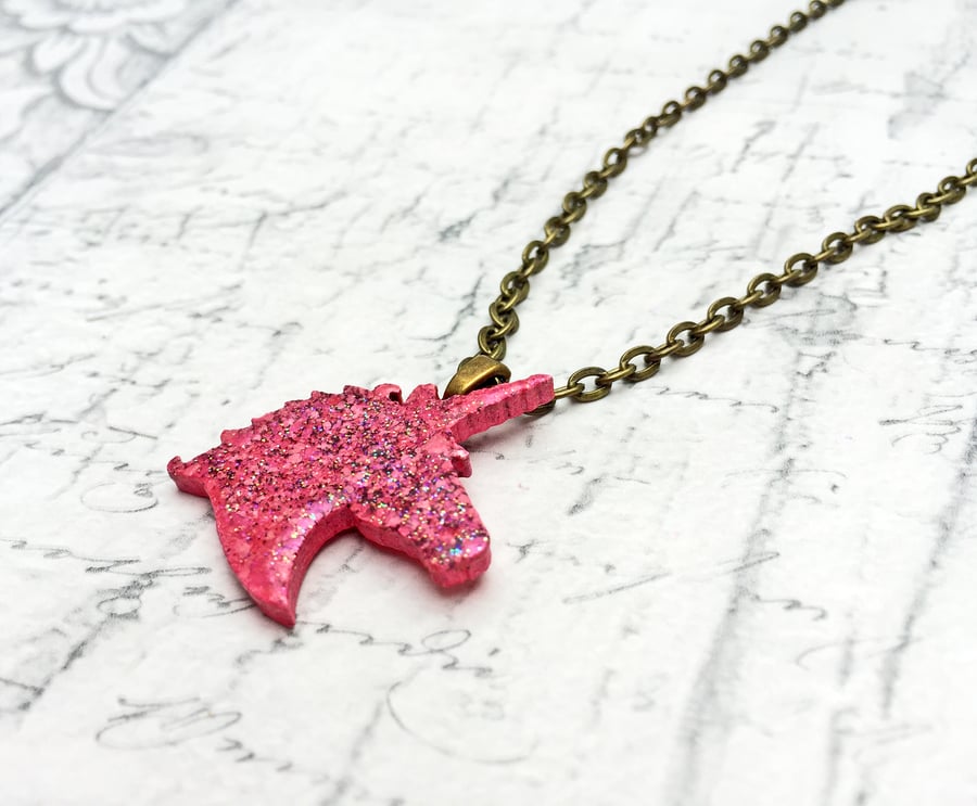 Unicorn wooden pendant pink and glitter embossing enamel antique bronze chain