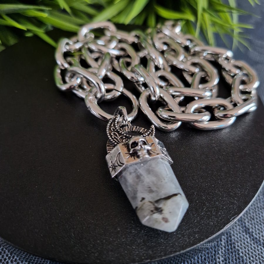 Labradorite Crystal Point Chunky Chain Necklace Gothic Dark Aesthetic