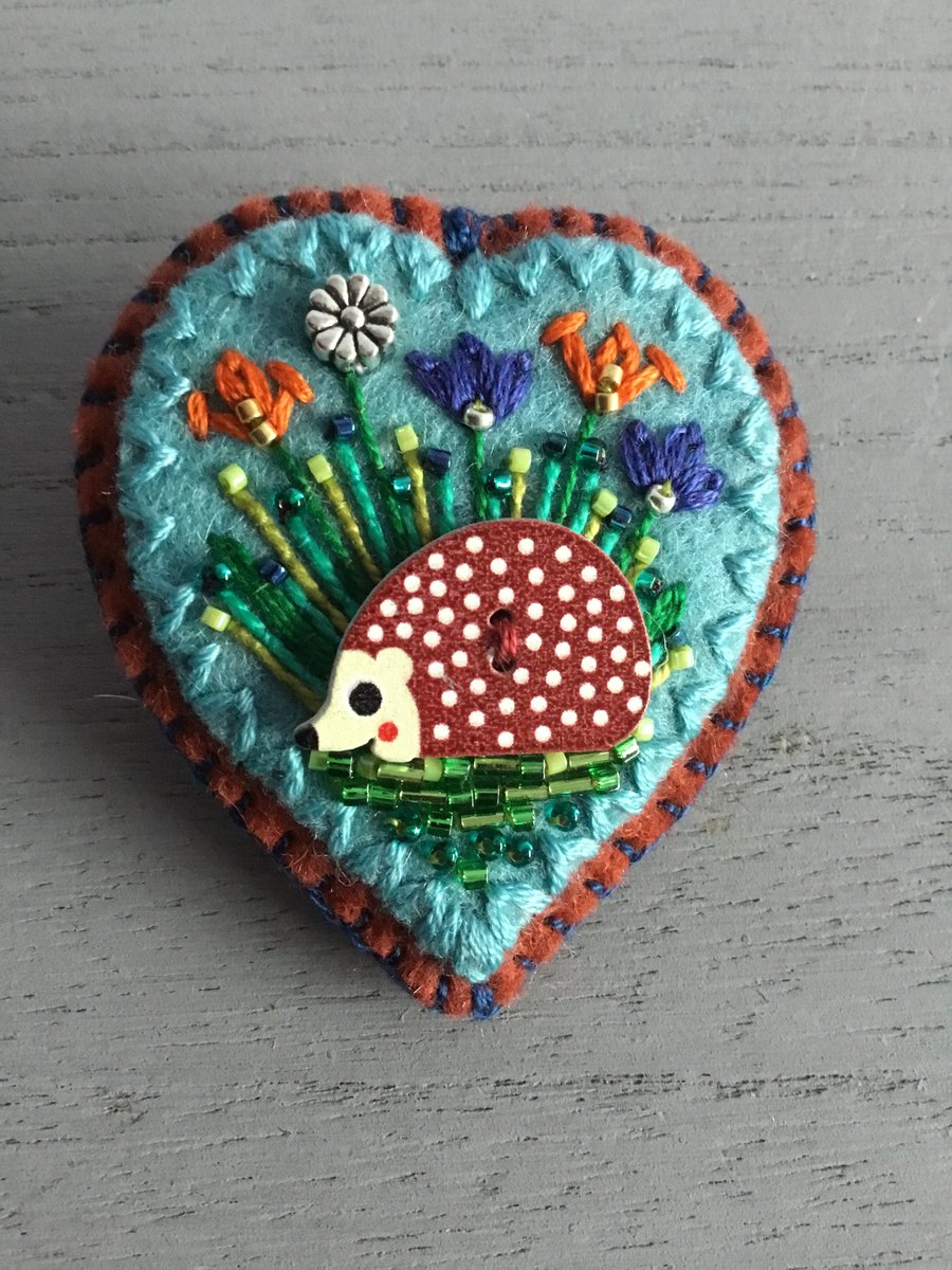 Hand Embroidered Hedgehog Brooch