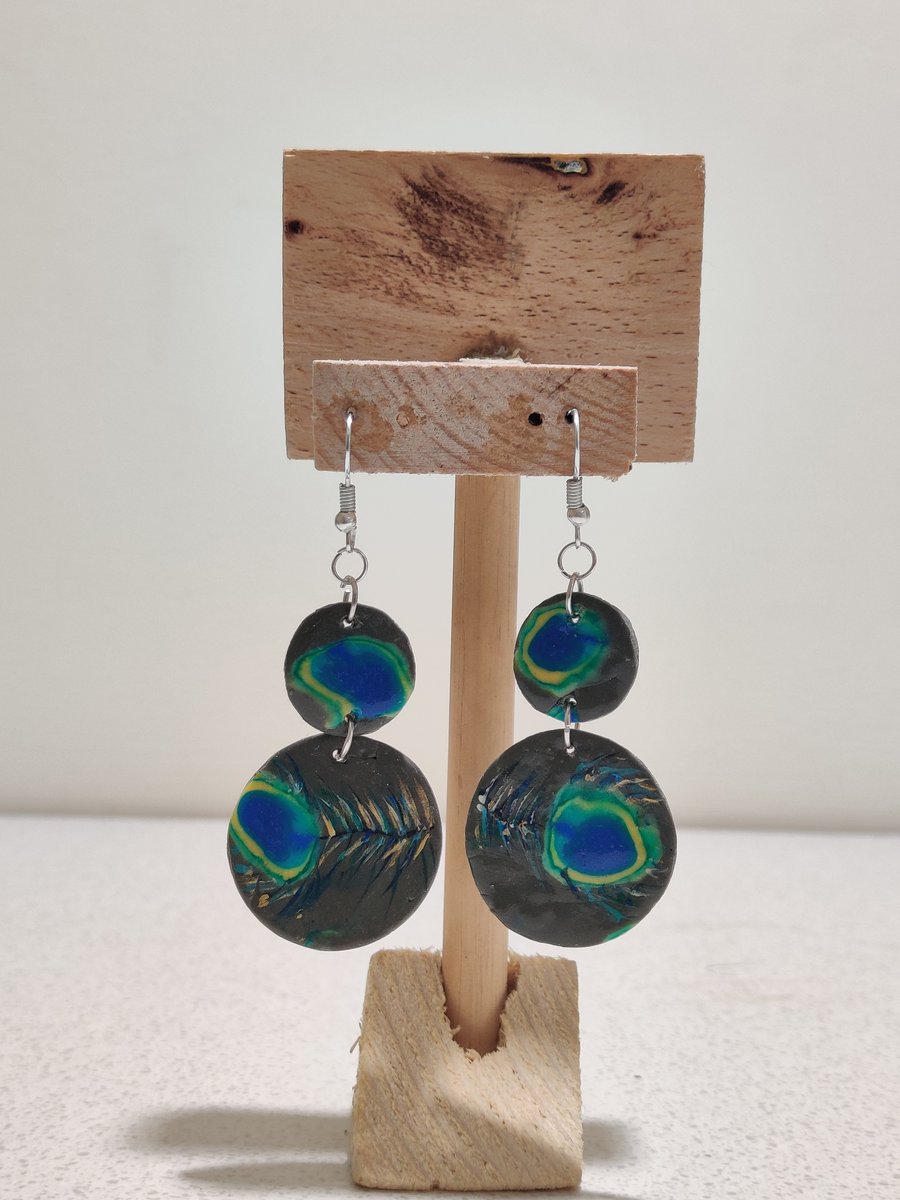 Peacock feathers polymer clay earrings