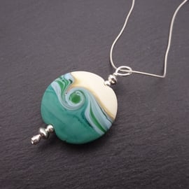 green handmade lampwork glass pendant necklace, sterling silver chain jewellery