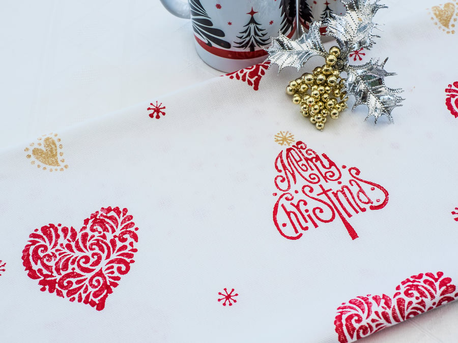 Hand printed Christmas Xmas themed Tea Towel Red Hearts Stars Stocking Fillers