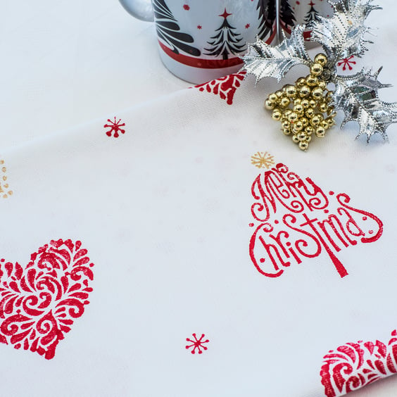 Hand printed Christmas Xmas themed Tea Towel Red Hearts Stars Stocking Fillers