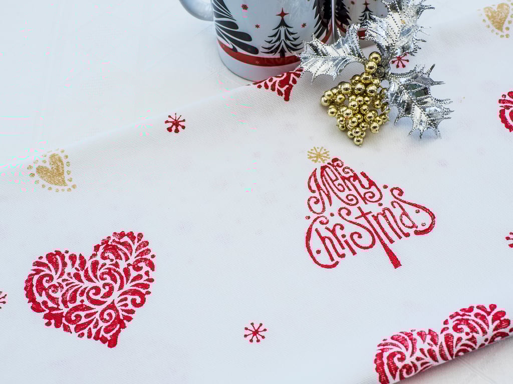 Hand printed Christmas Xmas themed Tea Towel Red Hearts Stars Stocking Fillers