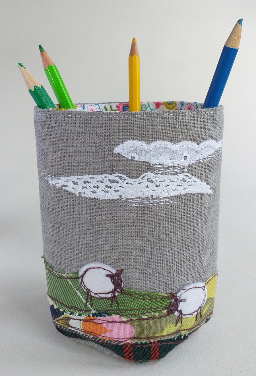 Fabric Pencil Pot with Embroidered Sheep in a Field