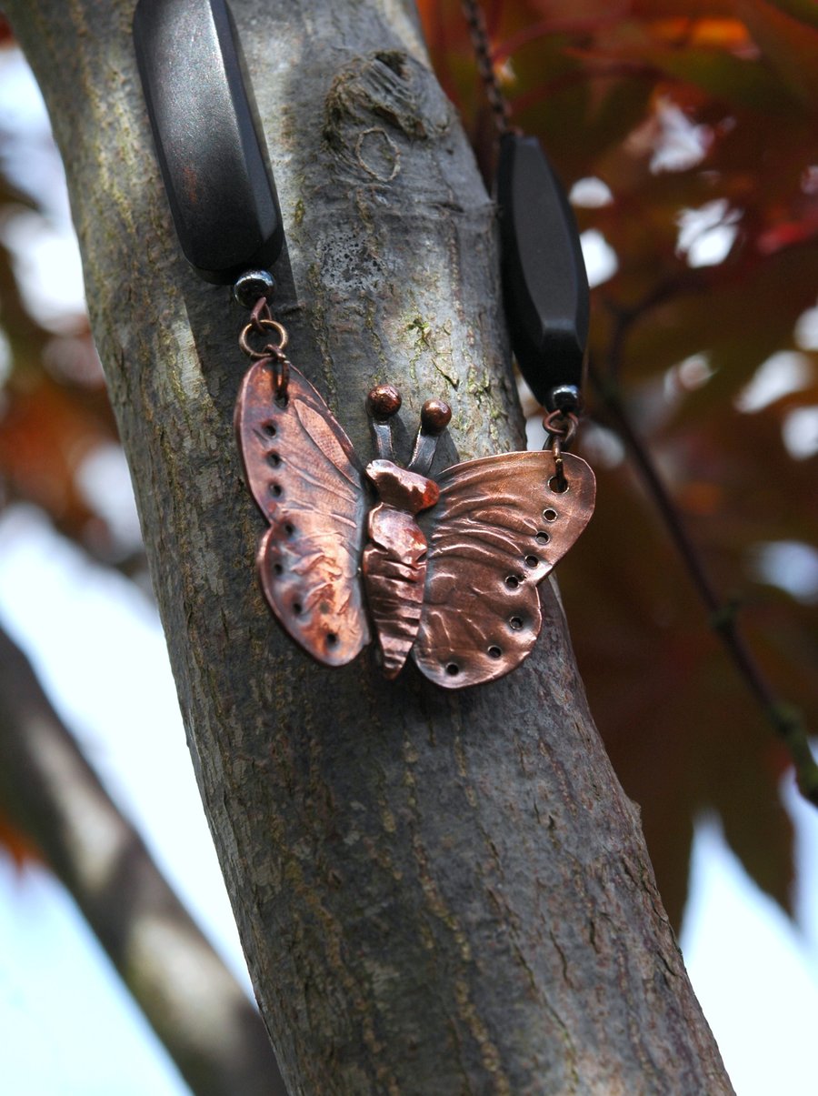 Rustic Copper Butterfly Pendant Necklace 