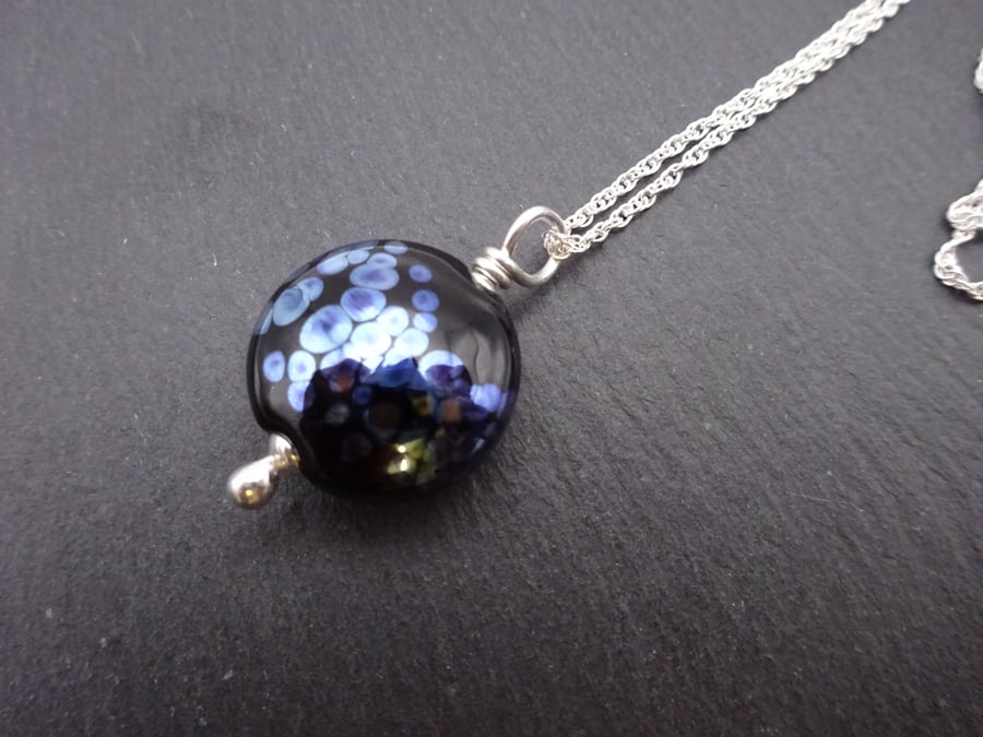 lampwork glass black and silver pendant chain necklace