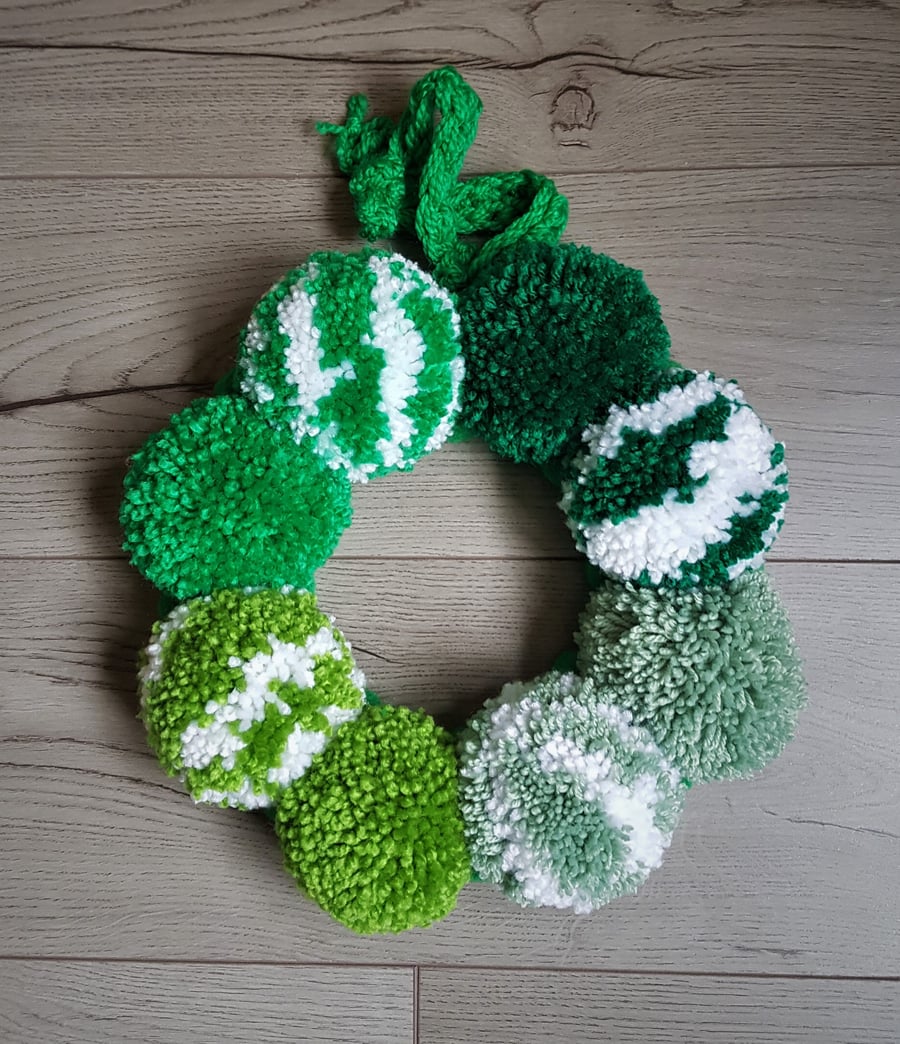 Green,and White Pom Pom Wreath 34cms - 13inches
