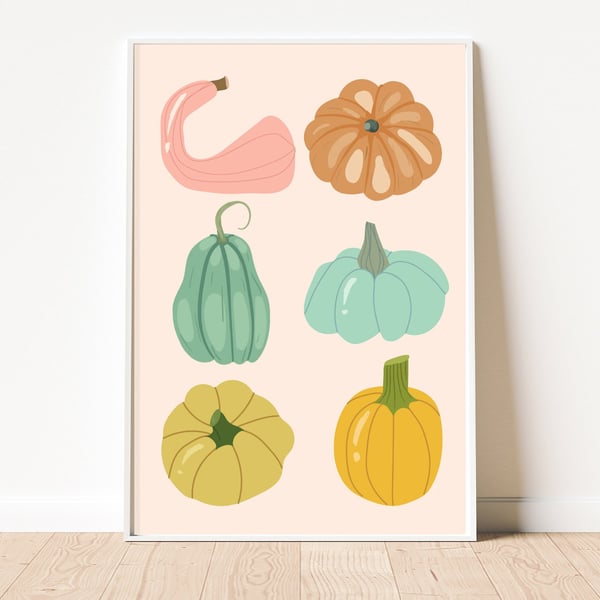 Pastel Pumpkins Art Print, Unframed Autumn Wall Art