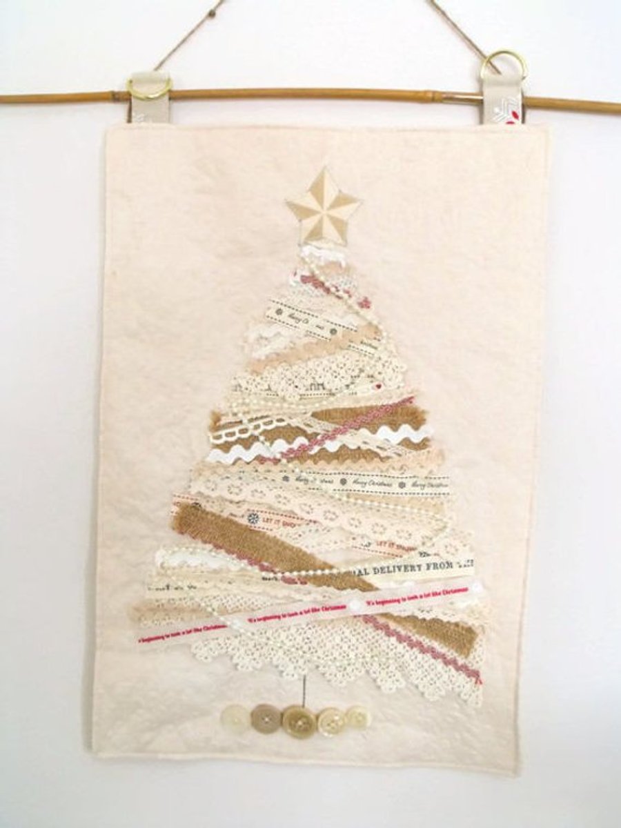 cottage chic lace and ribbon christmas tree and presents wall hanging decoration