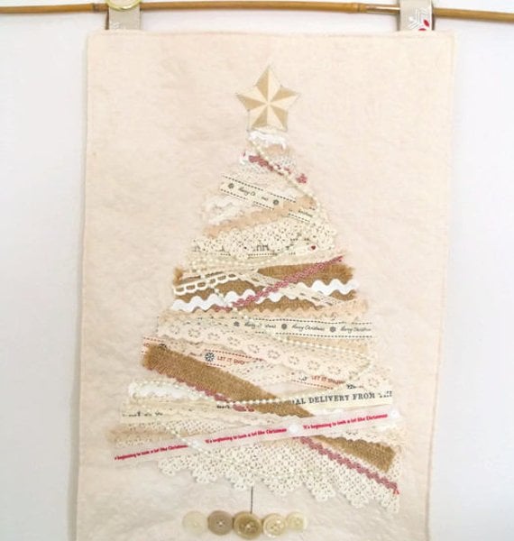 cottage chic lace and ribbon christmas tree and presents wall hanging decoration