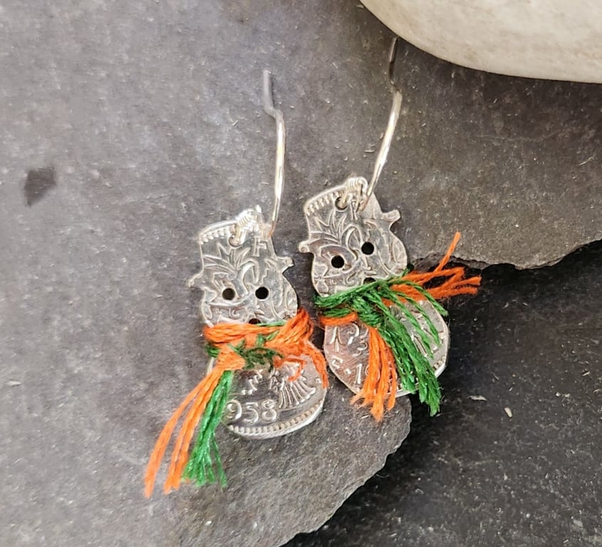 Snowmen earrings handcut from sixpences with sterling silver ear hooks