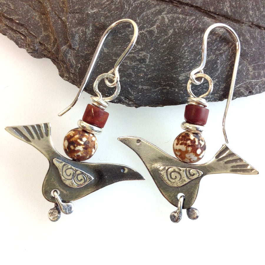 silver song bird earrings with  jasper.