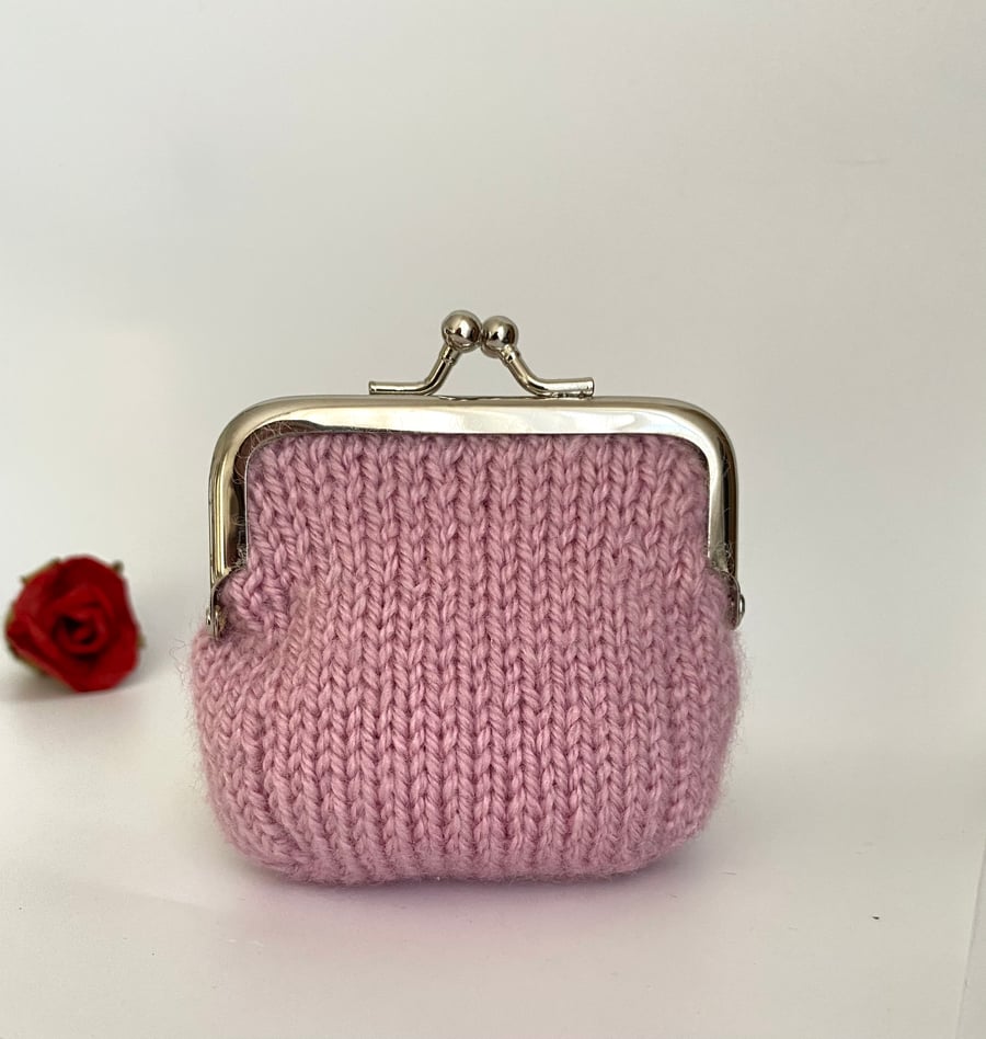Small Hand Knitted Coin Purse in Pastel Pink with Silver Kiss Lock Frame