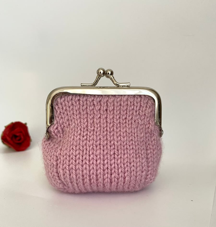 Small Hand Knitted Coin Purse in Pastel Pink wi Folksy