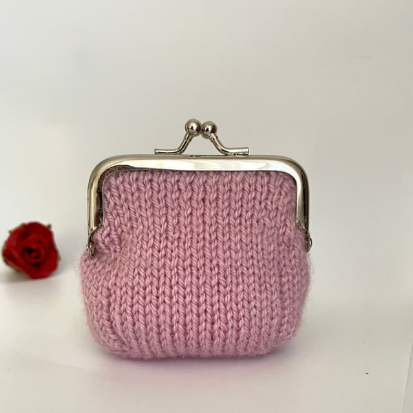 Small Hand Knitted Coin Purse in Pastel Pink with Silver Kiss Lock Frame