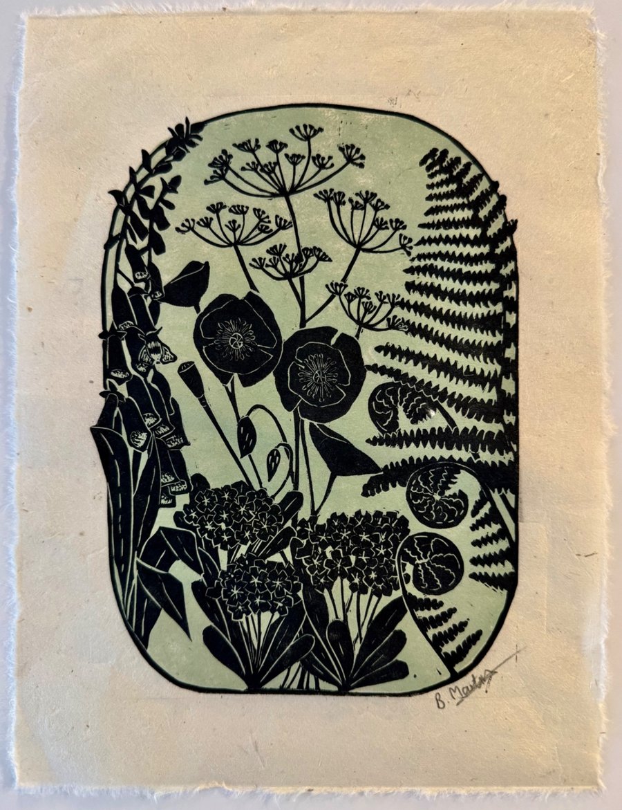 Ferns and foxgloves and.....  - original, hand burnished linocut print