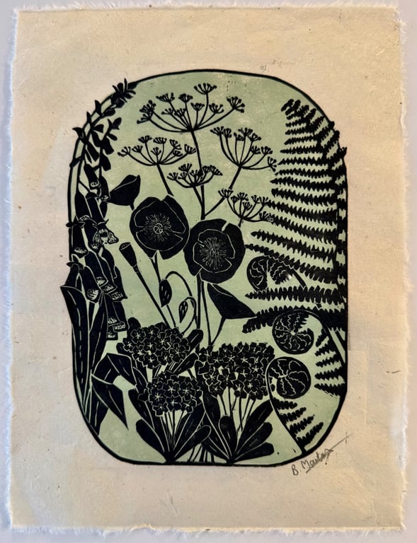 Ferns and foxgloves and.....  - original, hand burnished linocut print