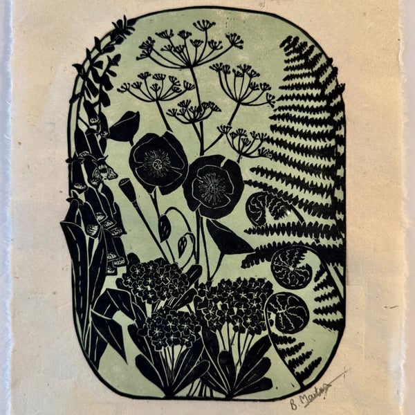 Ferns and foxgloves and.....  - original, hand burnished linocut print
