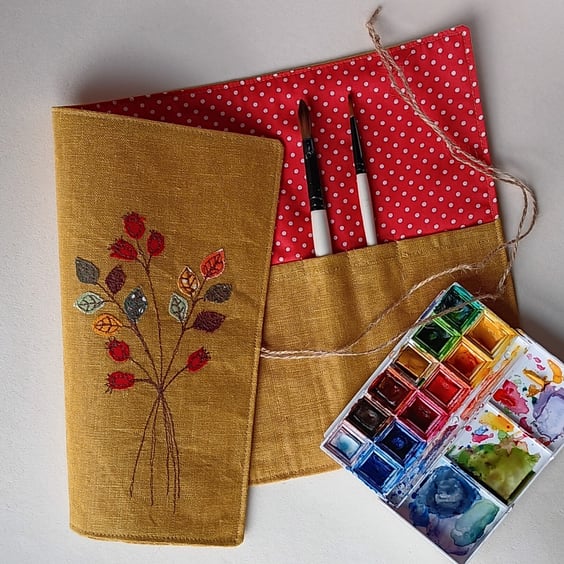 Paint Brush Roll with Appliquéd and Embroidered Rosehips and Leaves