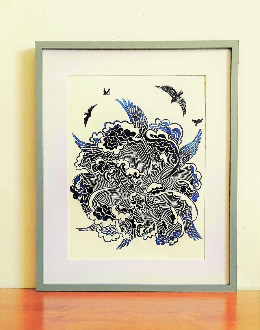 Waves, wings & flying birds-Lino print