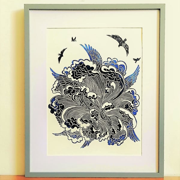Waves, wings & flying birds-Lino print