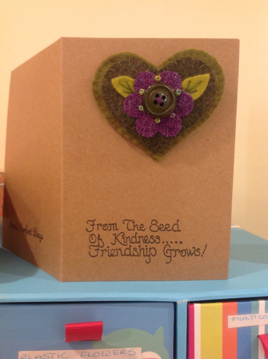 Tweed brooch attached to A6 greetings card