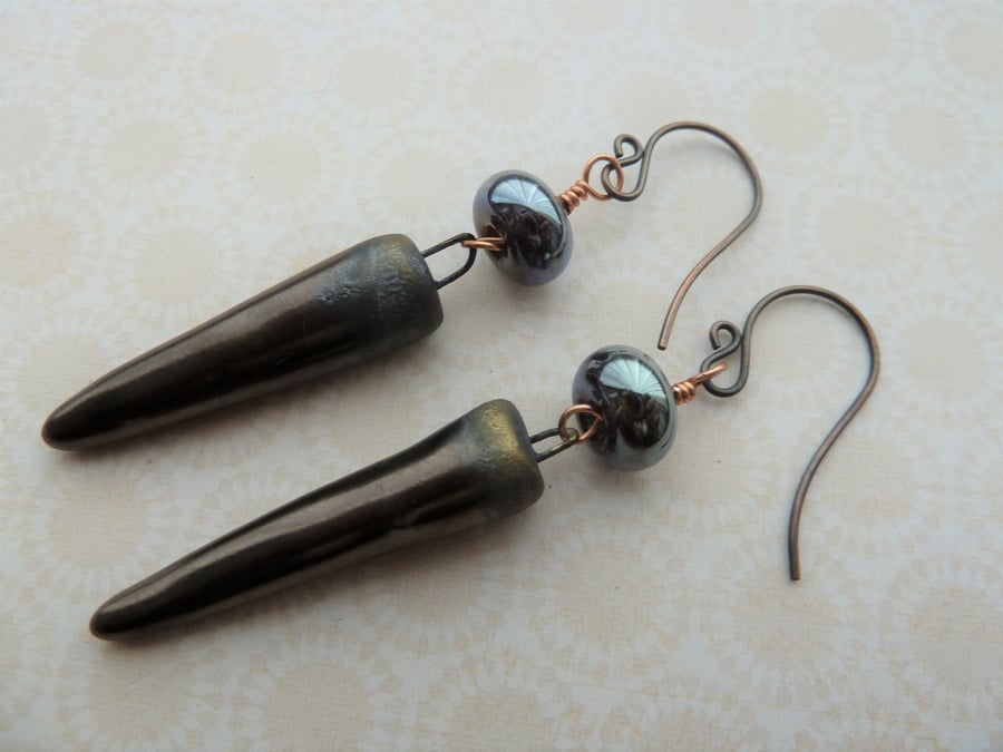 handmade copper, lampwork and ceramic bronze spike earrings