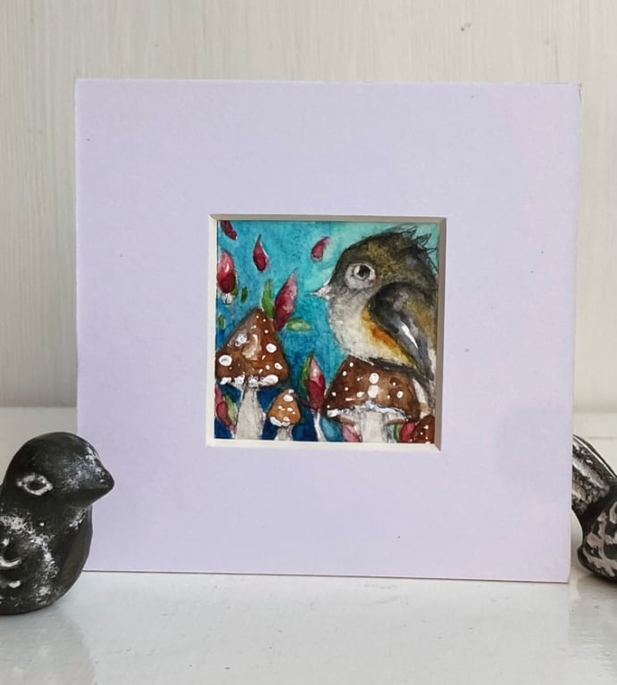 ACEO Original Bird with Mushrooms Watercolour 