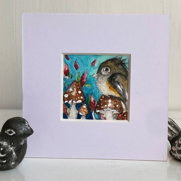 ACEO Original Bird with Mushrooms Watercolour 