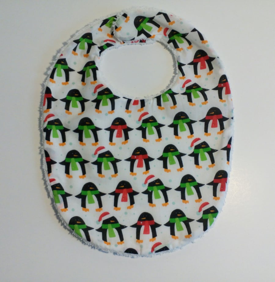 Christmas bib, babies, Penguins,  towelling bib, xmas bib, velcro