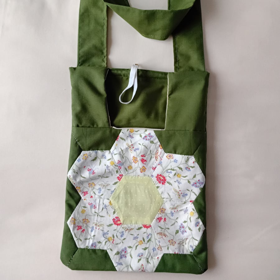 Patchwork peg bag in green and Laura Ashley "Floribunda". Shoulder strap. 