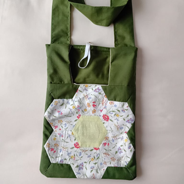 Patchwork peg bag in green and Laura Ashley "Floribunda". Shoulder strap. 