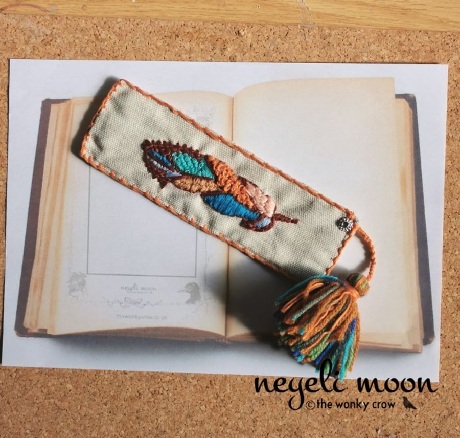 hand embroidered Native American feather design bookmark by neyeli