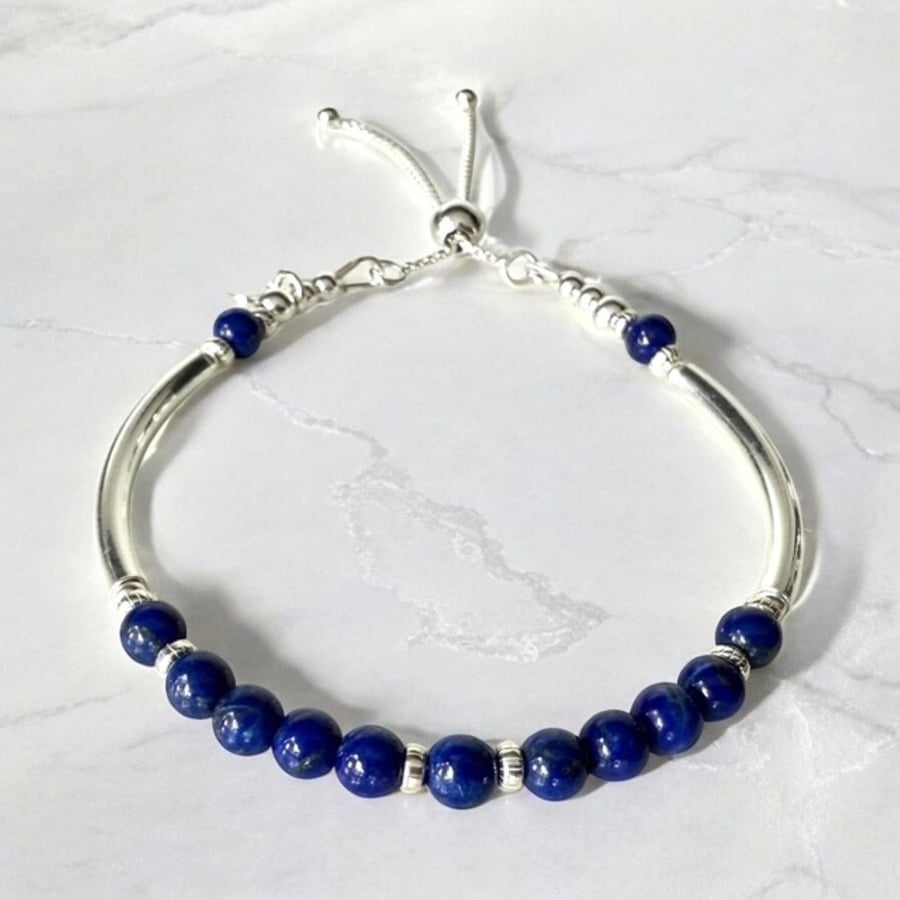 Lapis Lazuli Slider Clasp Bracelet, Sterling Silver Heart Charm Noodle Bracelet