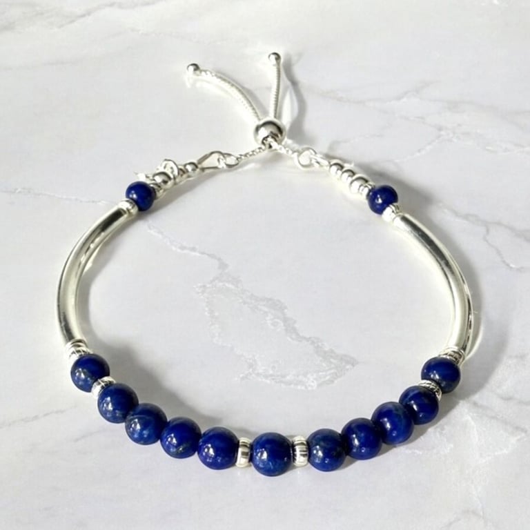 Lapis Lazuli Slider Clasp Bracelet, Sterling Silver Heart Charm Noodle Bracelet