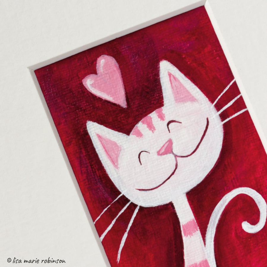 White Cat Valentine Love Hearts 2 Original Painting - Mini Artwork 55mm x 84mm