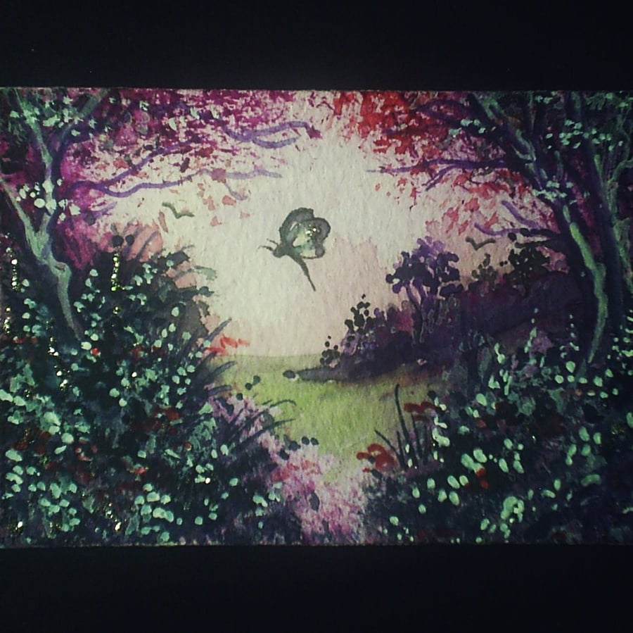 aceo original fantasy Impressionist purple butterfly  landscape with glitter