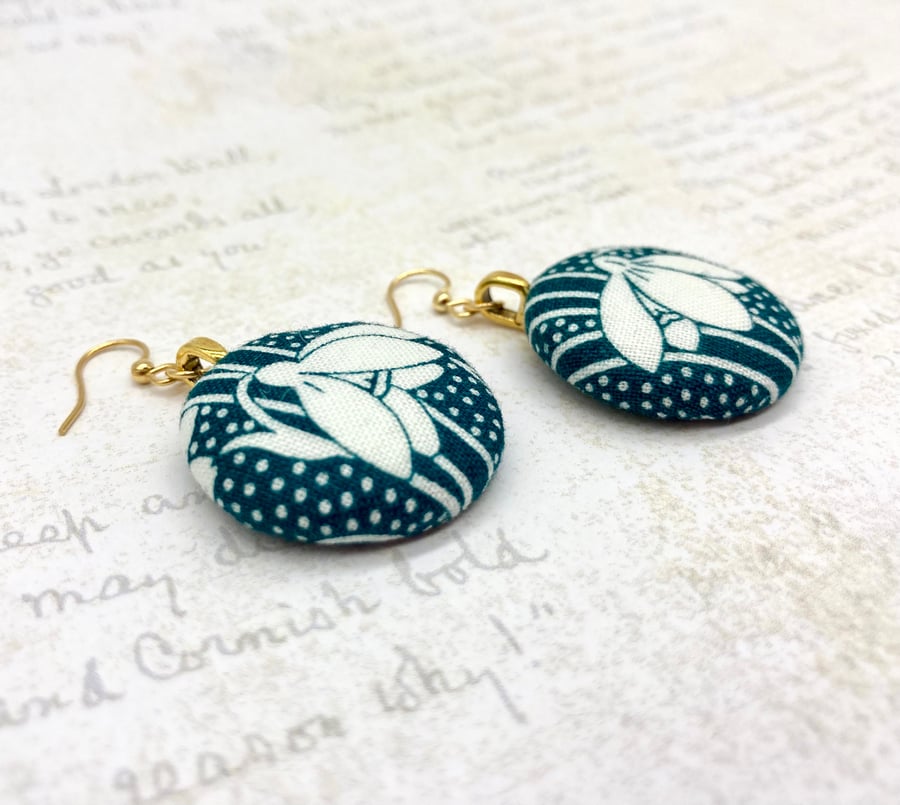 Teal snowdrop fabric button statement earrings nature lover gifts for her