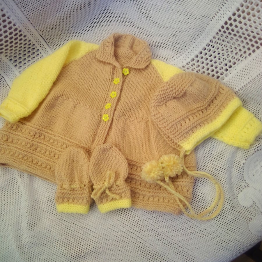 Baby's Knitted 3 Piece Cardigan Set for a Boy or Girl, Unisex Baby's Layette