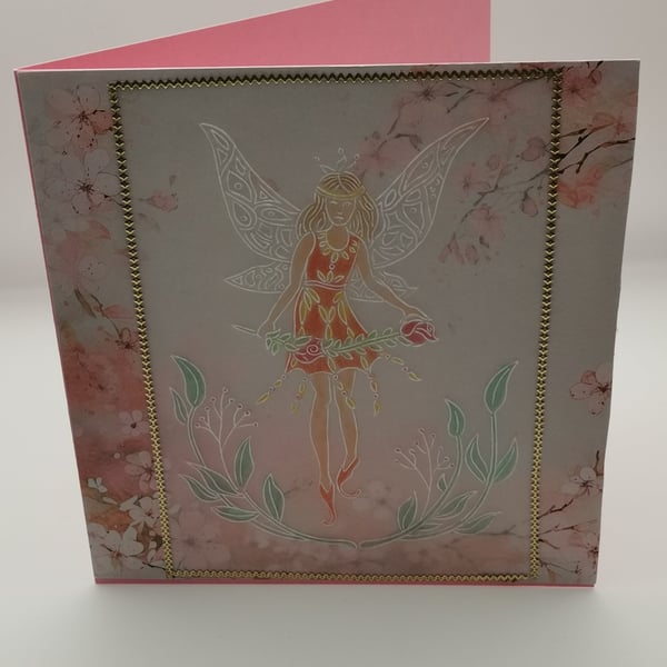 Handmade Embossed Fairy Card - Blank Card - Any Occasion - Fairy Holding A Rose 