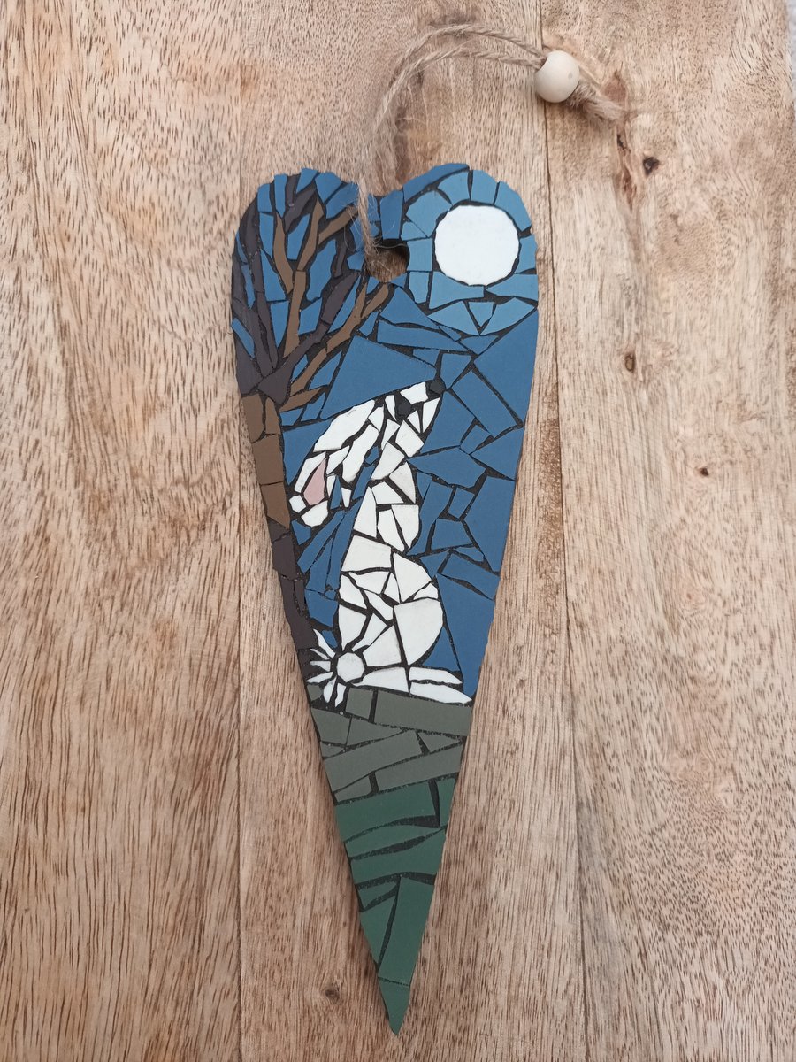 Moon gazing hare mosaic hanging heart handmade