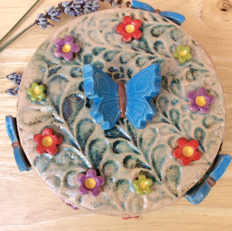 Ceramic jewellery box with flowers and butterfl... Folksy