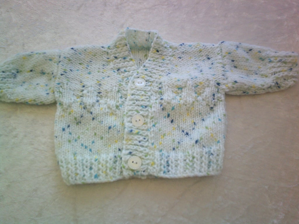 14 Inch White Cardigan with Navy, Yellow and Green Flecks