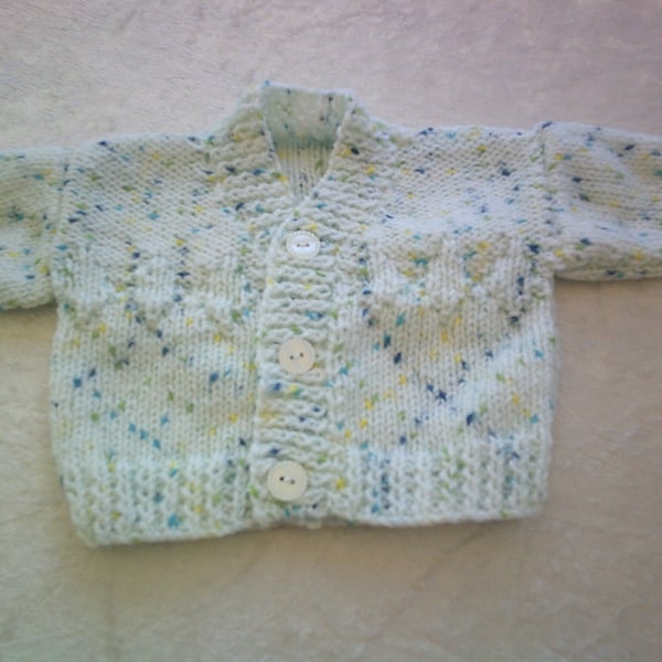 14 Inch White Cardigan with Navy, Yellow and Green Flecks