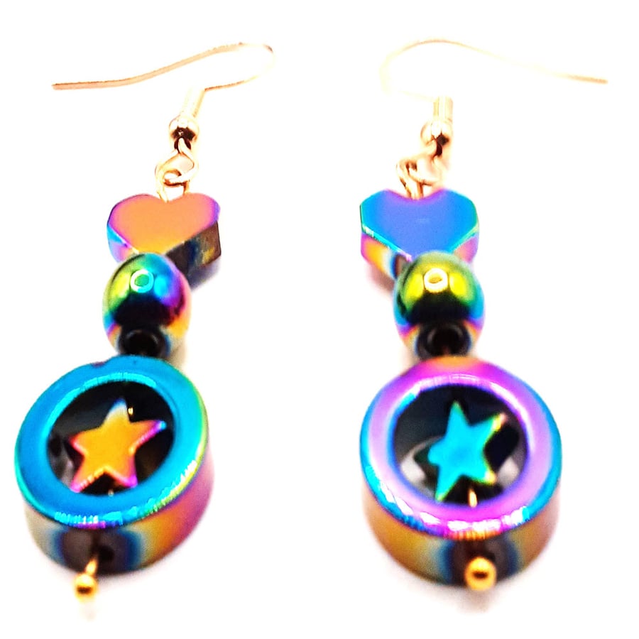 Hematite Harmony: Handcrafted dangle earrings with Aurora Borealis Accents.